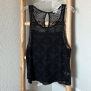 Black Top with Geometric Lace Pattern - Size L